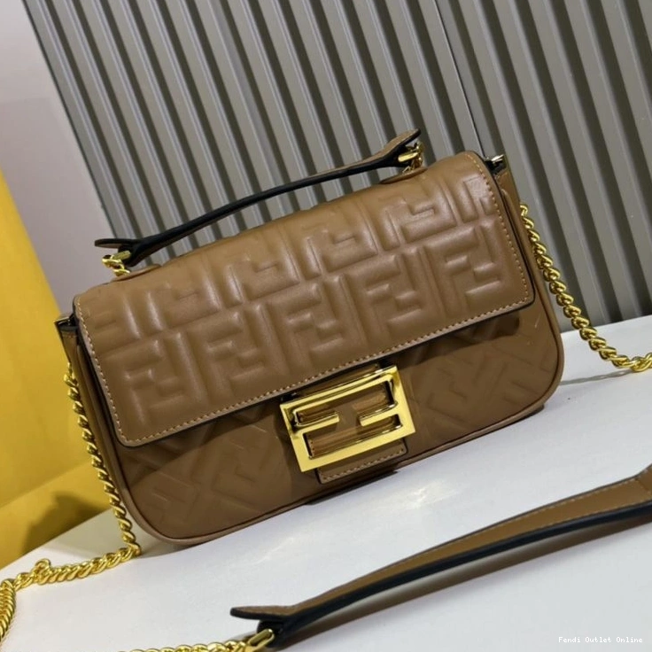 Affordable In Chain Brown Leather Nappa Baguette Fendi Midi FF Bag Motif 0825